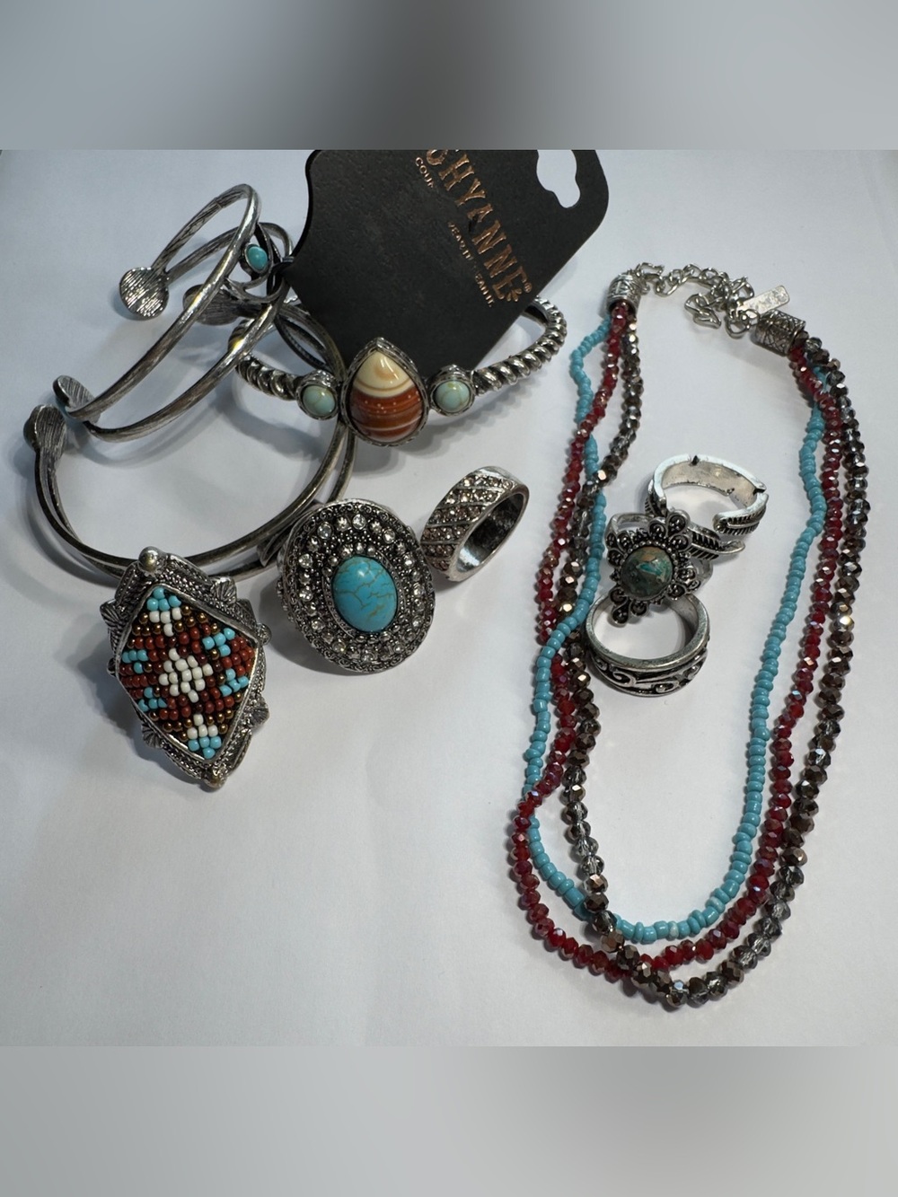 Silver-Tone Turquoise & Multicolor Beaded Women's Jewelry Set/ Ring sizes 6,7&8